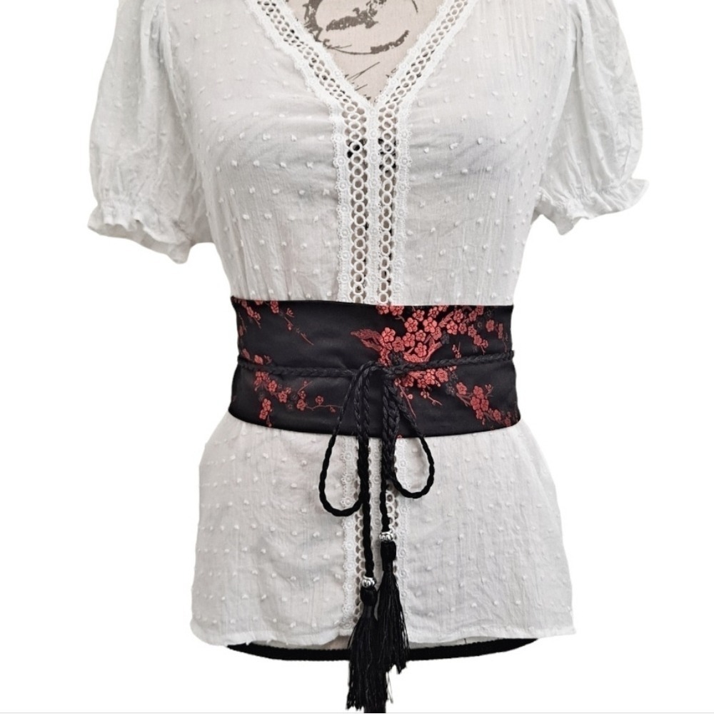Corset Embroidered Satin Floral Obi wrap wide belt Boho Japanese black red